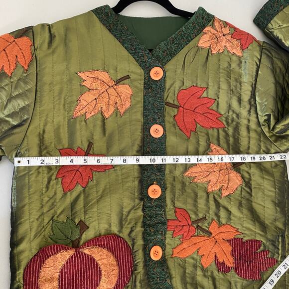 Vintage 90s Green Grannycore Fall Pumpkin Halloween Patchwork Jacket XXL - Picture 5 of 7